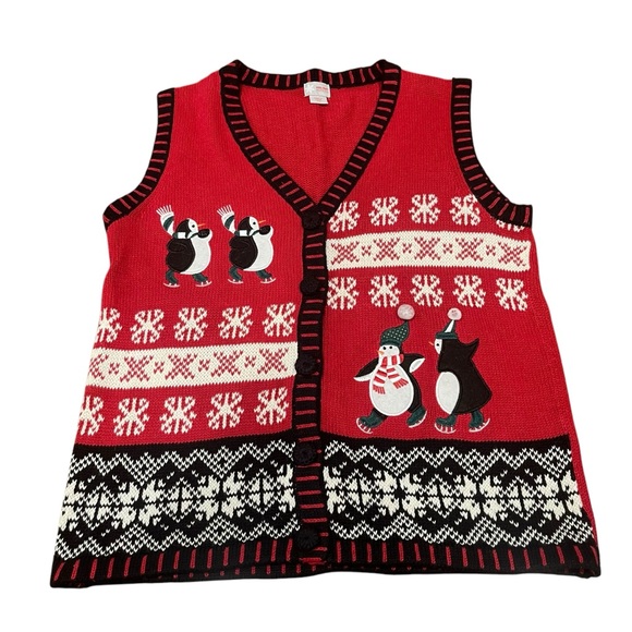 Holiday Editions Sweaters - Holiday Editions Sweater Vest Cardigan Red Holiday Party Snow Penguin Sz Small‎
